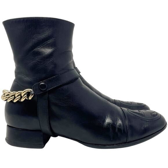 Gucci‎ Boots GG Logo Monogram Western Chain Black Leather Ankle Booties Shoe 6.5 - Picture 3 of 13